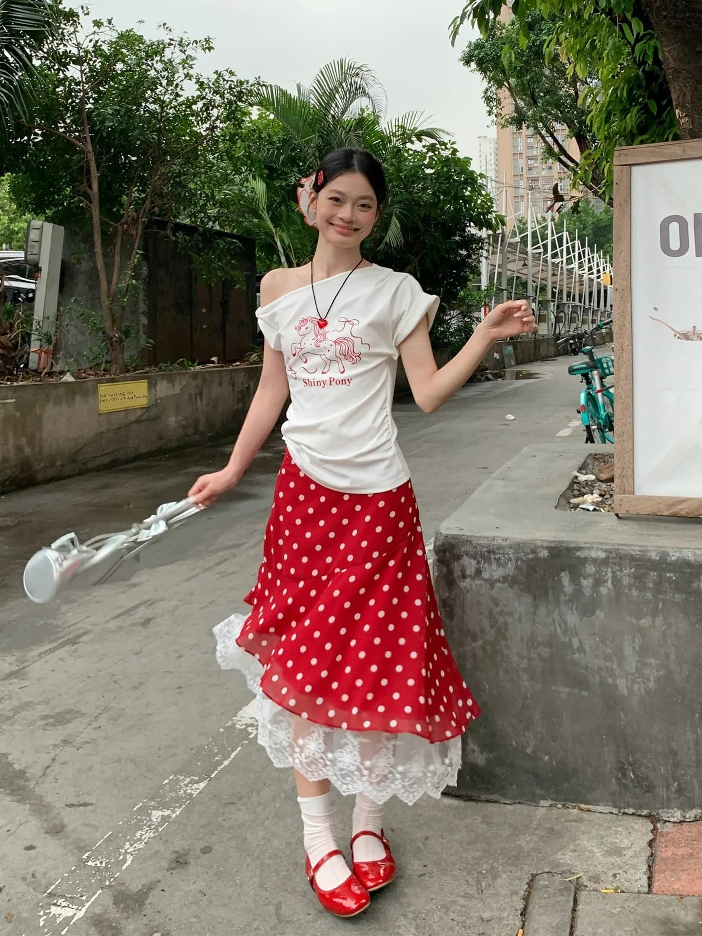 Red Polka Dot Lace Halter Neck Dress Women's High Waist Korean Style Summer Fashion Commute A-Line Skirt