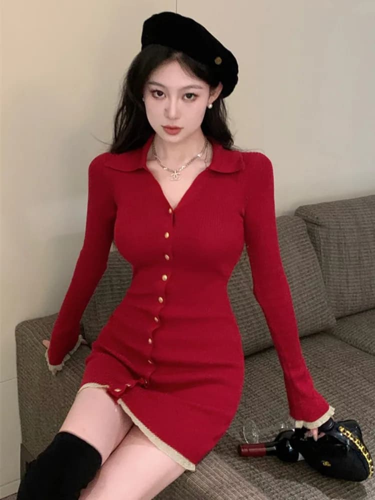 Slim Fit Knitted Short Skirt Women's Style Pure Desire Fashion Korean Version Winter Long Sleeve Half Open Collar Bodycon Dress