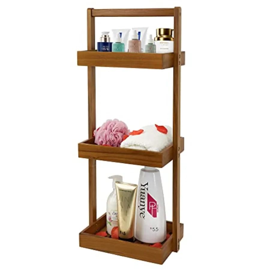 Cesto portaoggetti angolare da doccia in teak con maniglia, scaffale organizer da bagno in legno per shampoo