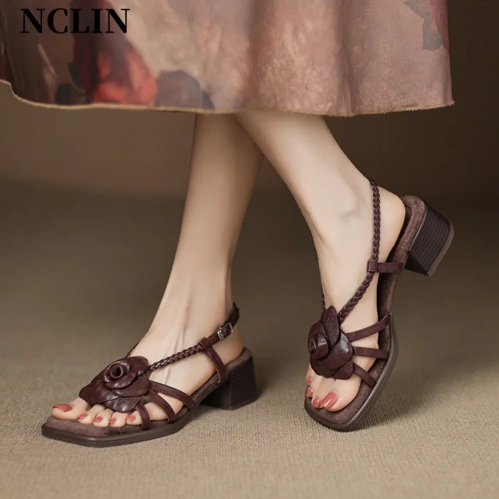 2026 New Handmade Flower Woven Strap Chunky Heel Sandals Women Retro Ethnic Summer Vacation Shoes (Brown)