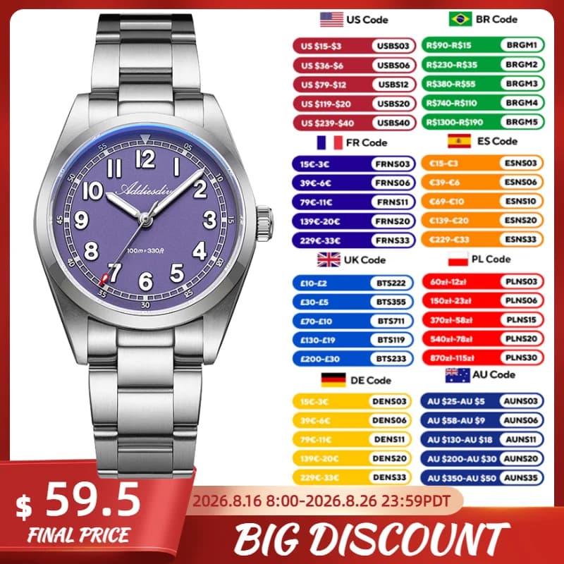ADDIESDIVE Watches For Men 36mm Sapphire Glass Miyota 2035 BGW9 Luminous Wristwatch Stainless Waterproof 10Bar Quartz Watches