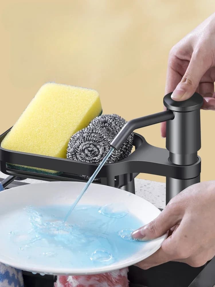 Shelf, detergent press, kitchen sink soap dispenser