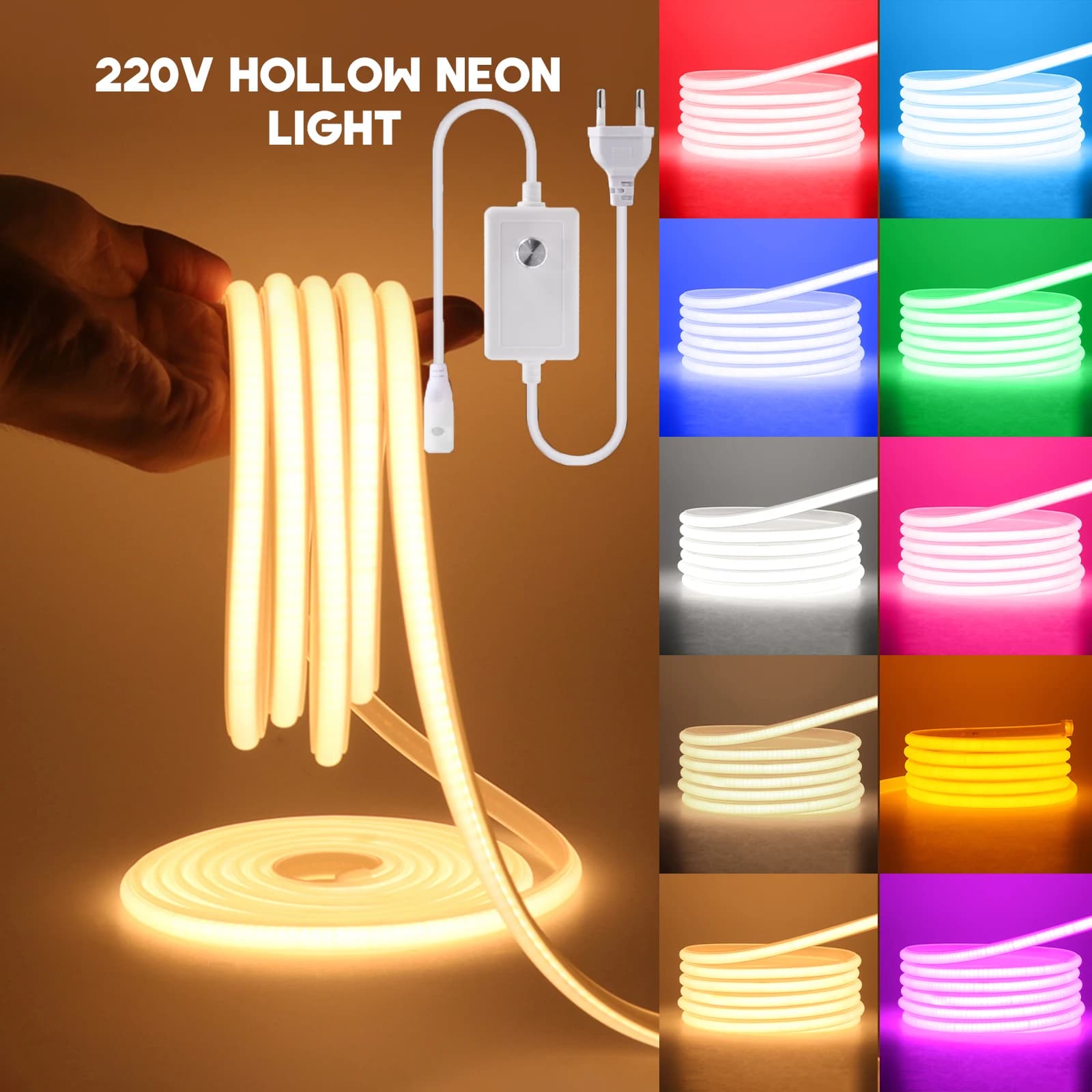 Dimmable COB LED Strip Light 220V EU Plug 288LEDs/m RA90 Outdoor Waterproof Neon Lights White Pink Red Blue for Kitchen Garden