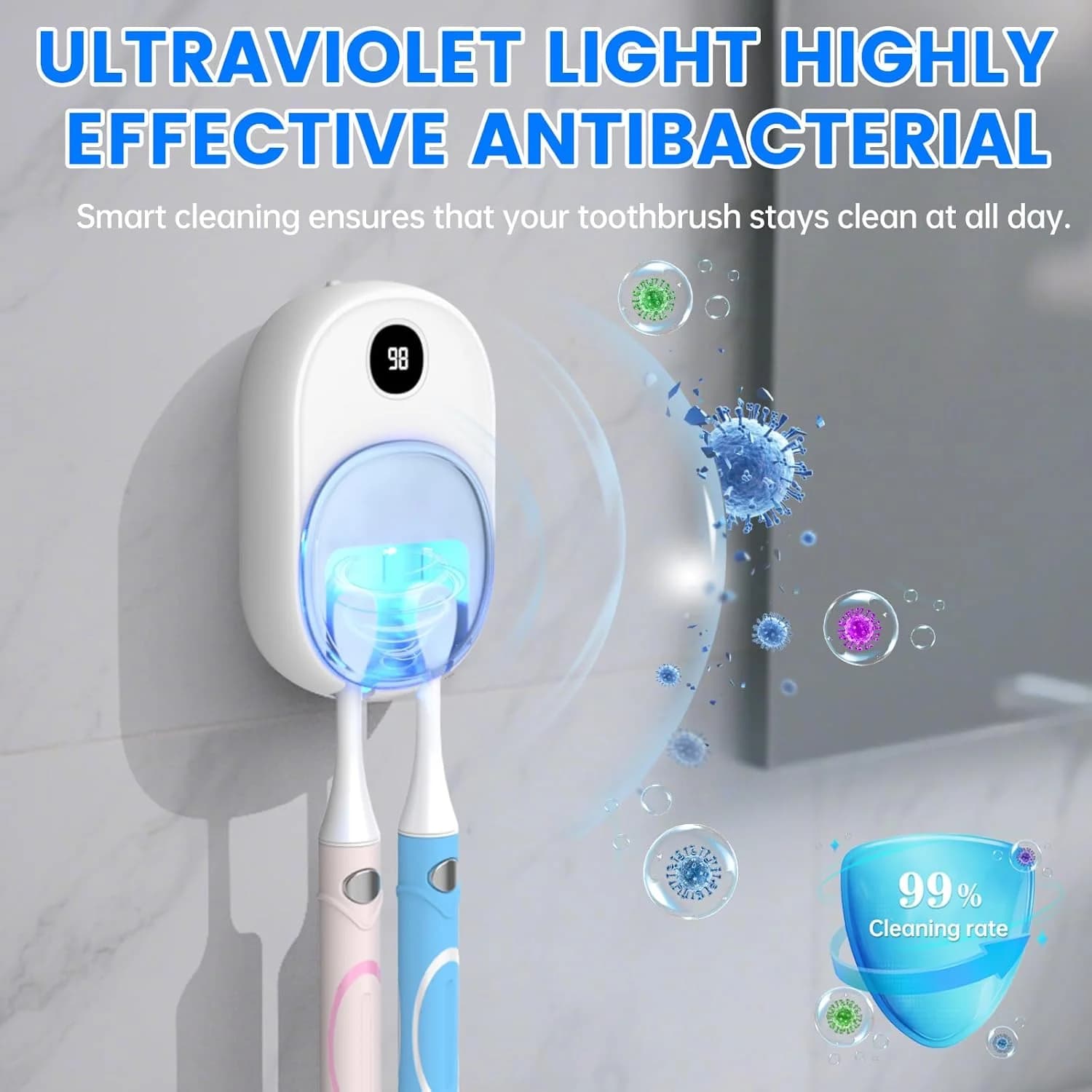 Sterilizzatore per Spazzolini con Luce UV-C, Asciugatura a Ventola, Ricaricabile e Portatile, Gancio a Muro per 2 Spazzolini, Ideale per Casa, Viaggi e Coppie