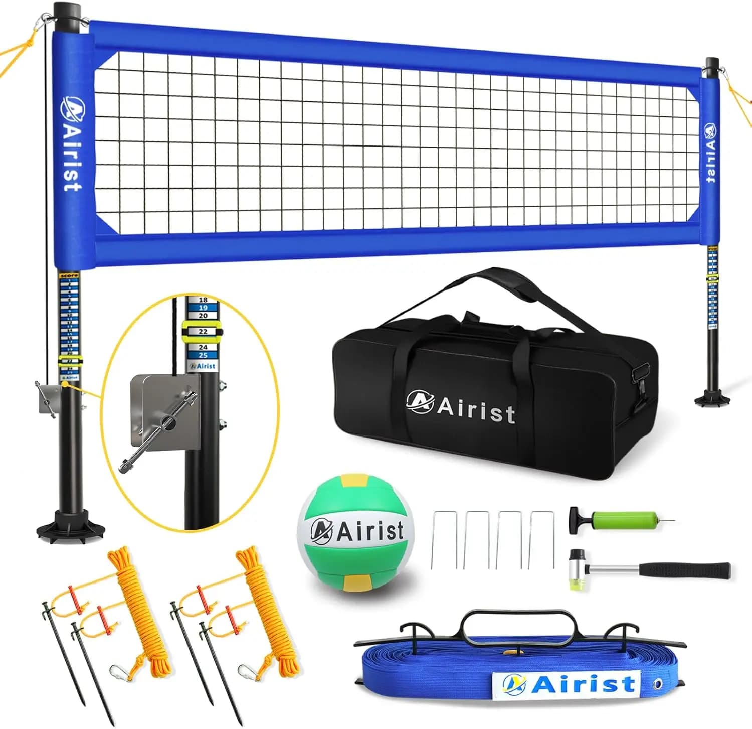 Professional set of outdoor volleyball net with adjustable poles, anti-fall system and transport bag for courtyard and beach