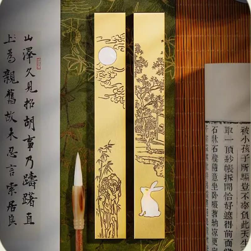 Luxury Brass Calligraphy Paperweights Set of 2, Engraved Ruler Weights for Chinese Painting with Gift Box