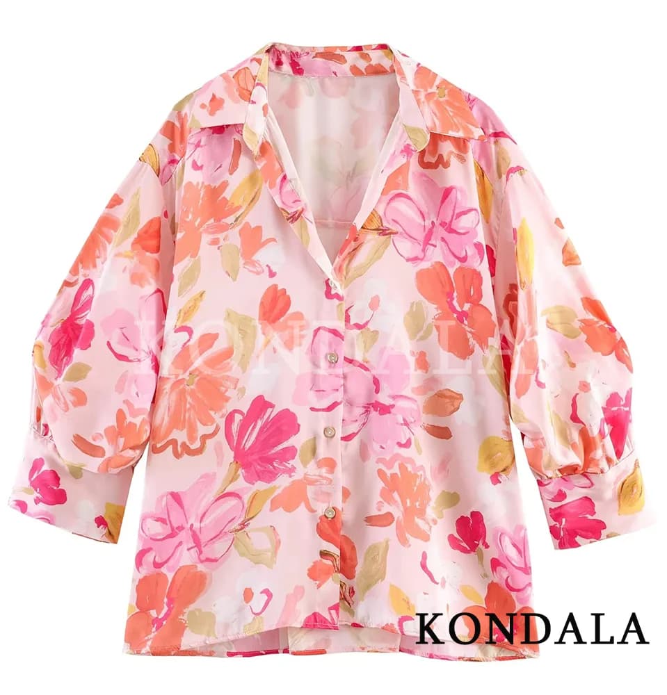 KONDALA Camicia da Donna Trendy in Raso con Stampa Floreale, Scollo a V, Maniche a Bolla, Nuova Moda Primavera Estate 2026, Camicia per Vacanze