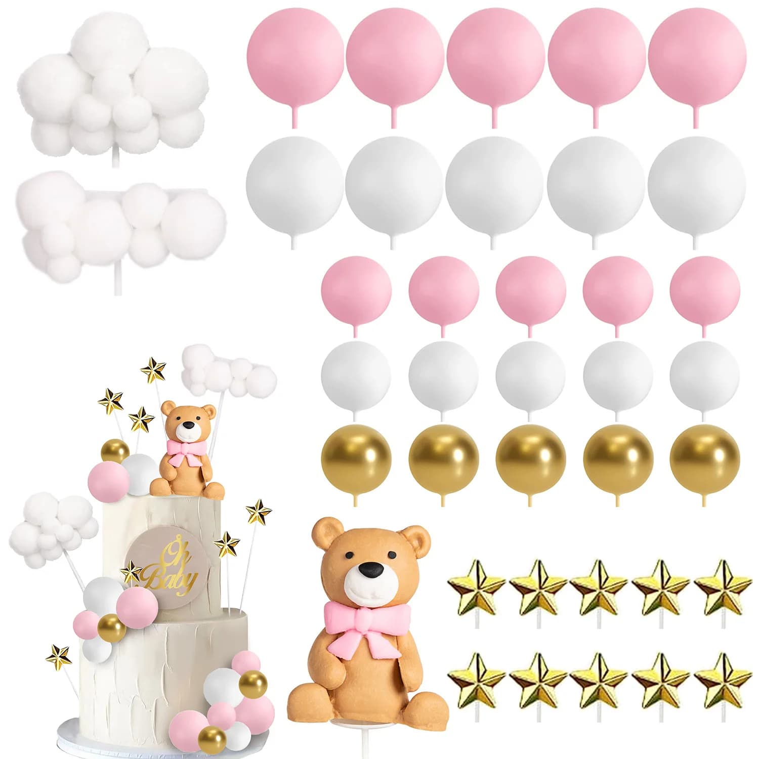 Set di decorazioni per topper per torta con orsacchiotto, decorazioni per torte con palline di orso per ragazzi e ragazze, per feste di rivelazione del genere, forniture per baby shower