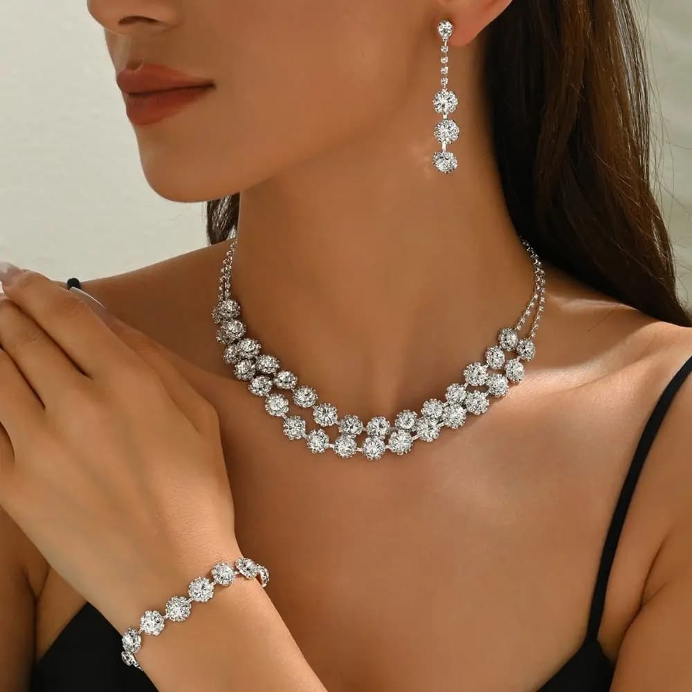 Inlay Rhinestone Bridal Necklace Earrings Set Fashion Exquisite Clavicle Chain Temperament Advanced Sense Shining Jewelry Set