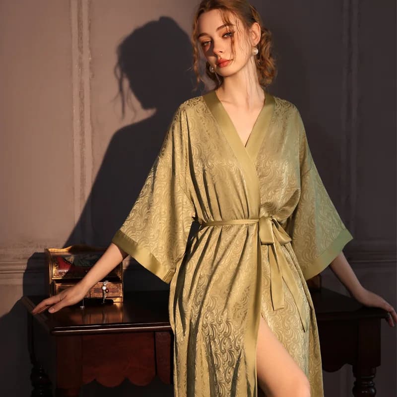 Lussuosa Vestaglia Lunga in Jacquard da Donna, Kimono a Mezza Manica, Accappatoio in Raso di Seta Ghiaccio, Abito da Notte Sexy, Abbigliamento per Casa e Relax