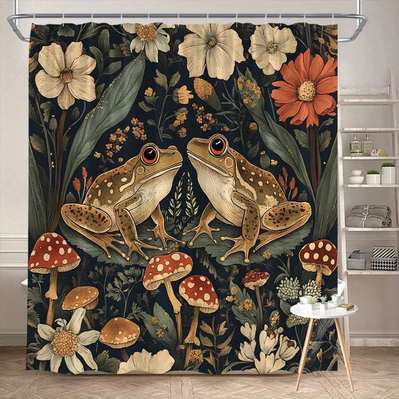 Tenda da doccia da giardino con rana e funghi, design stravagante con colori terrosi, funghi e foglie colorati, poliestere lavabile in lavatrice