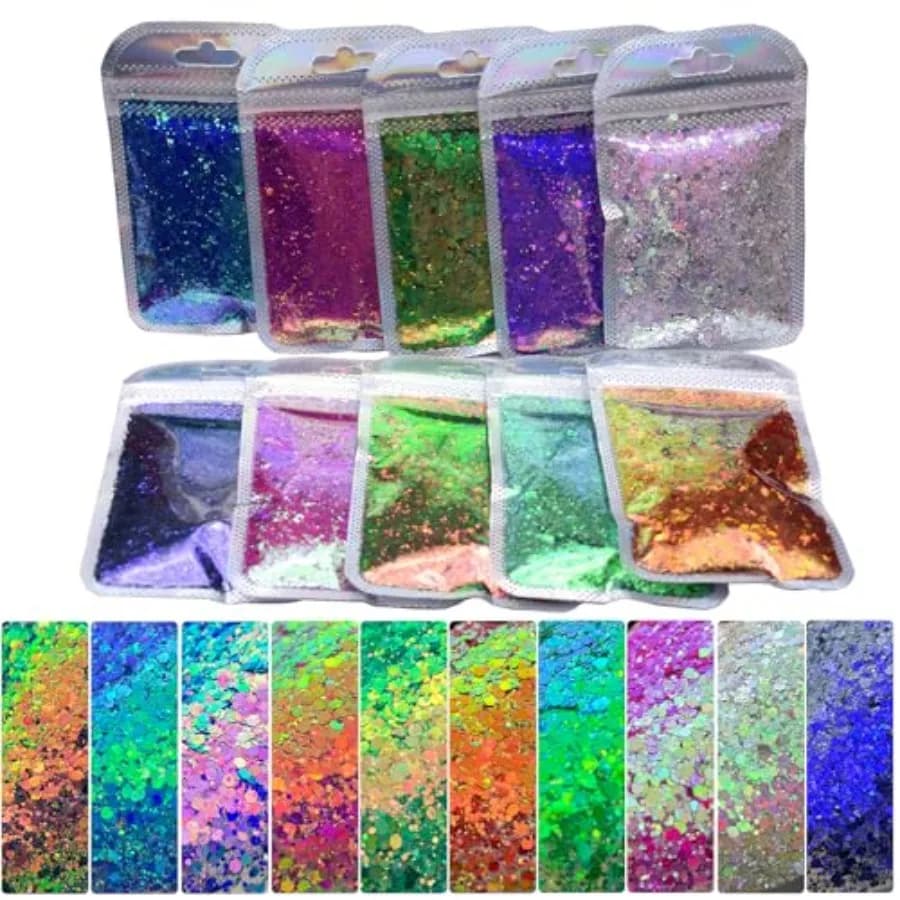 Chameleon Glitter, 10 Colors 150g/5.29oz Color Change Glitter Sequins Craft Chunky Glitter for Snow Globe Tumblers, Epoxy Resin