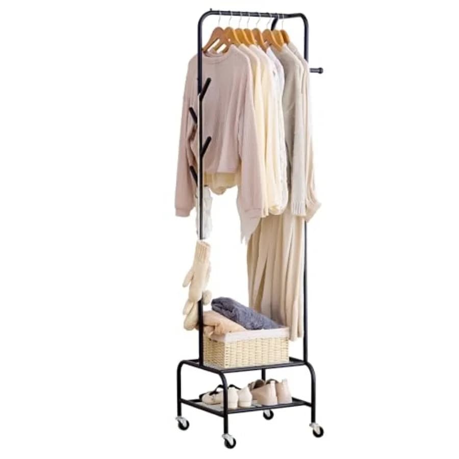 Appendiabiti Robusto con Ruote, Stand Appendiabiti Autoportante con 6 Ganci per Ingresso e Camera da Letto, Appendiabiti in Metallo