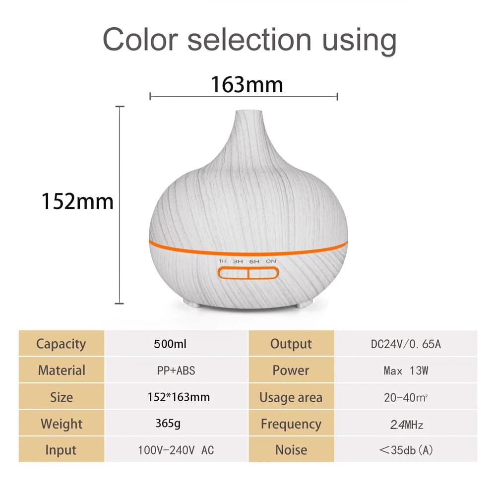Diffusore di aromaterapia ad ultrasuoni con venature del legno da 500 ml con telecomando, luce LED a 7 colori, umidificatore per uso domestico e in ufficio