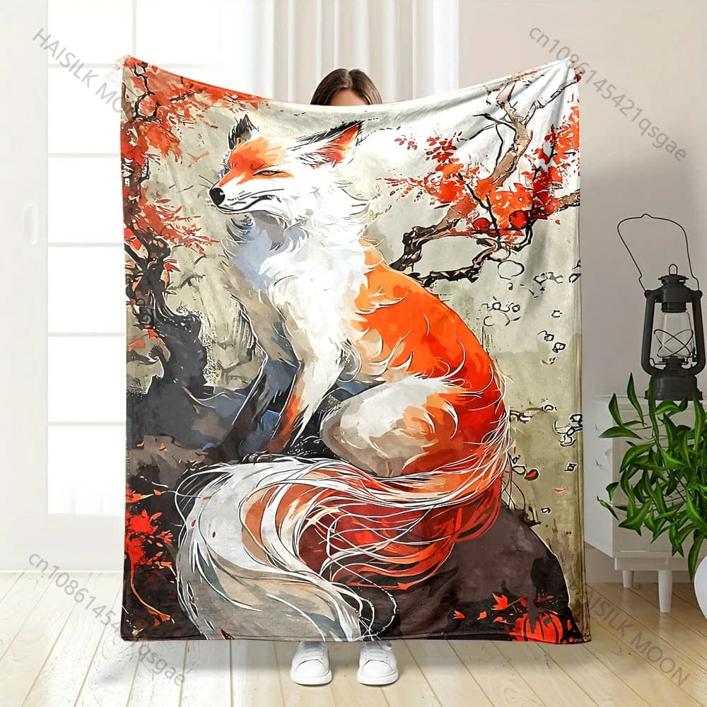Coperta con stampa illustrativa Red Fox Rock Autumn Illustration, calda, morbida e soffice, per bambini e adulti, per divano, letto, viaggi all'aperto, campeggio, camper
