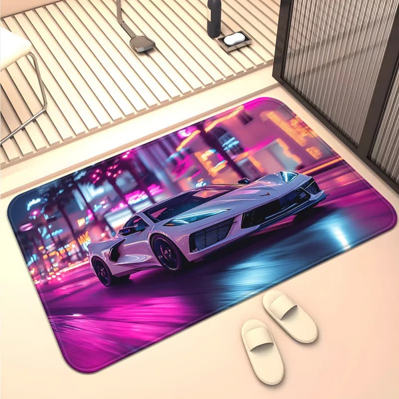 VIKAMA Boys Gaming Room Man Cave Front Door Doormat Neon Purple Blue Supercar Night City Light Trail Non Slip Absorbent Bathroom