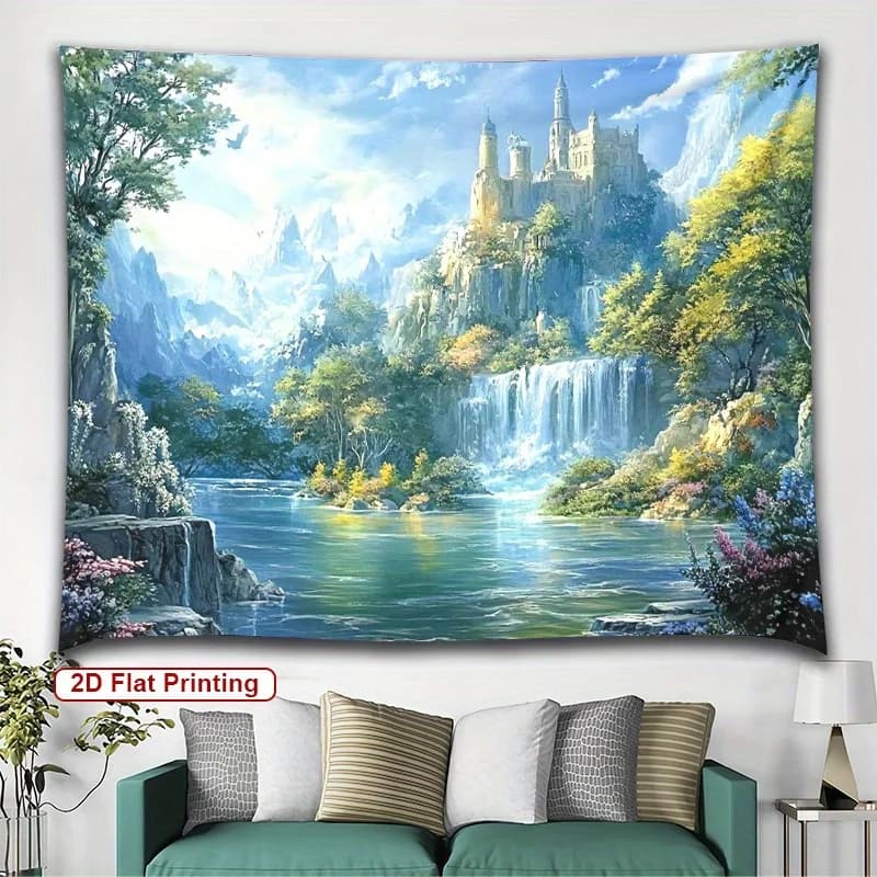 Fantasy Castle Landscape Tapestry – Enchanting Nature Scene, Mythical Art Wall Hanging, for Bedroom or Dorm Decor