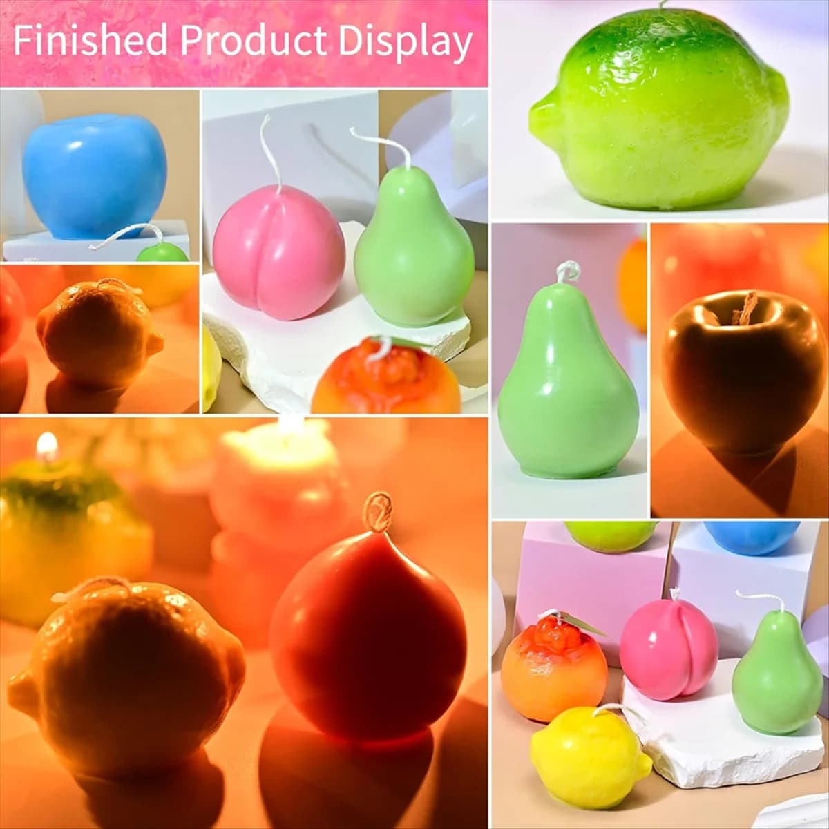 AA98 Set di stampi per candele da frutta da 5 pezzi, stampi in silicone 3D, pera, arancione, limone e pesca per realizzare candele fai da te