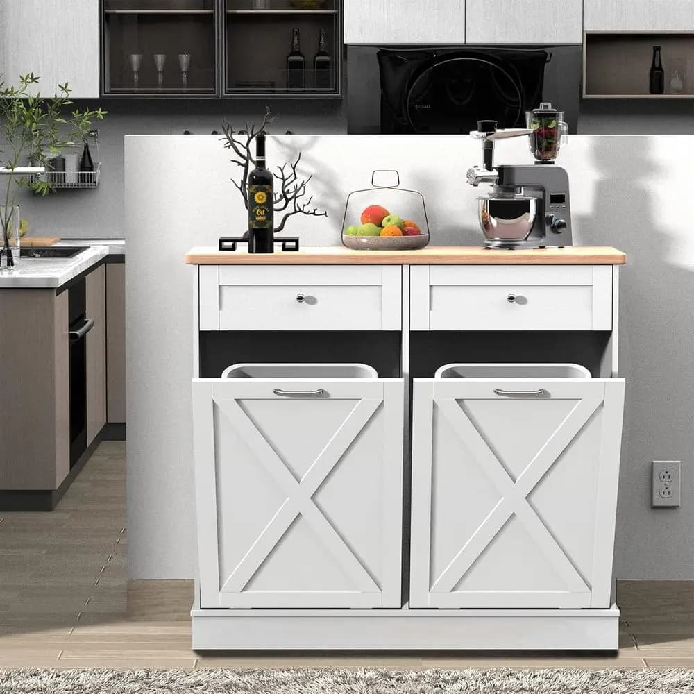 Bidone della spazzatura inclinabile in legno da 20 galloni con armadio per lo smistamento e il riciclaggio dei lavanderia, cassetto nascosto (bianco)