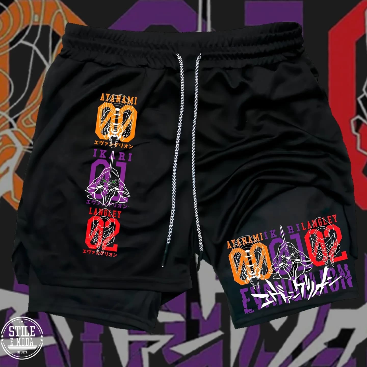 Nuovi Pantaloncini Sportivi 2-in-1 Neon Genesis Evangelion EVA Unit 00 01 02 per Uomo/Donna 2026, Stampa Anime, Traspiranti, per Fitness e Palestra