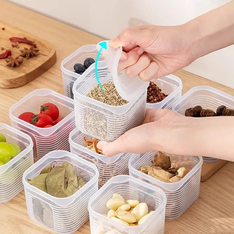 Contenitore per Alimenti con 6 Scomparti, Scatola per Frutta e Verdura con Coperchio per Frigorifero, Barattolo per Spezie e Condimenti da Cucina