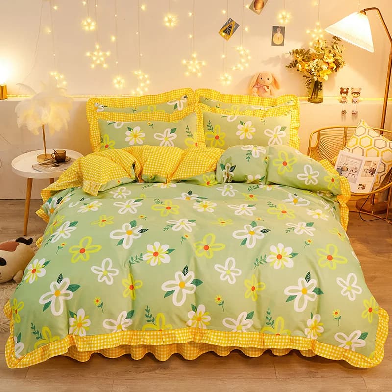 Copripiumino floreale botanico con volant in pizzo stile pastorale fiori copripiumino 3 pezzi Set biancheria da letto reversibile in microfibra
