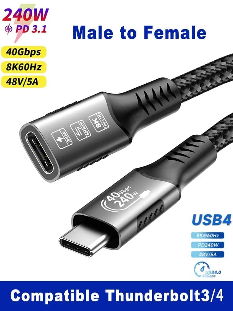USB C 8k Type C Extender extension cable compatible for Thunderbolt 4/3 USB4.0/3.2/3.1 Quick charging for Huawei xiaomi laptop