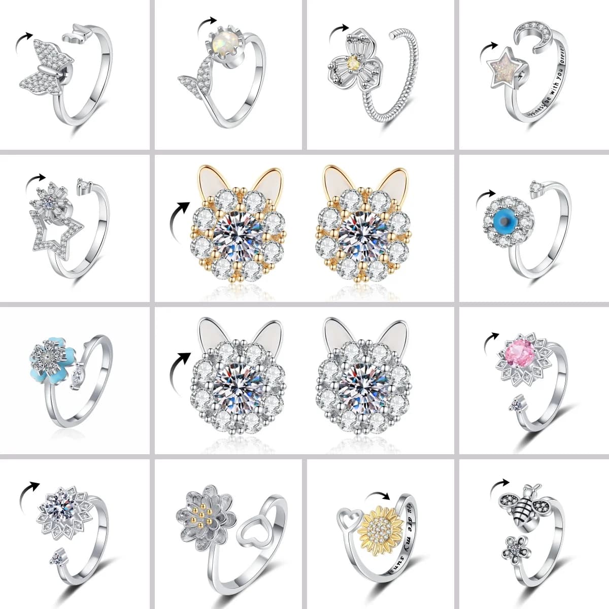 YIUSTAR Collezione di Anelli Fidget Spinner Regolabili, Anelli Rotanti con Cristalli e Zirconi, Gioielli Terapeutici Anti-Stress con Motivi Floreali e Animali