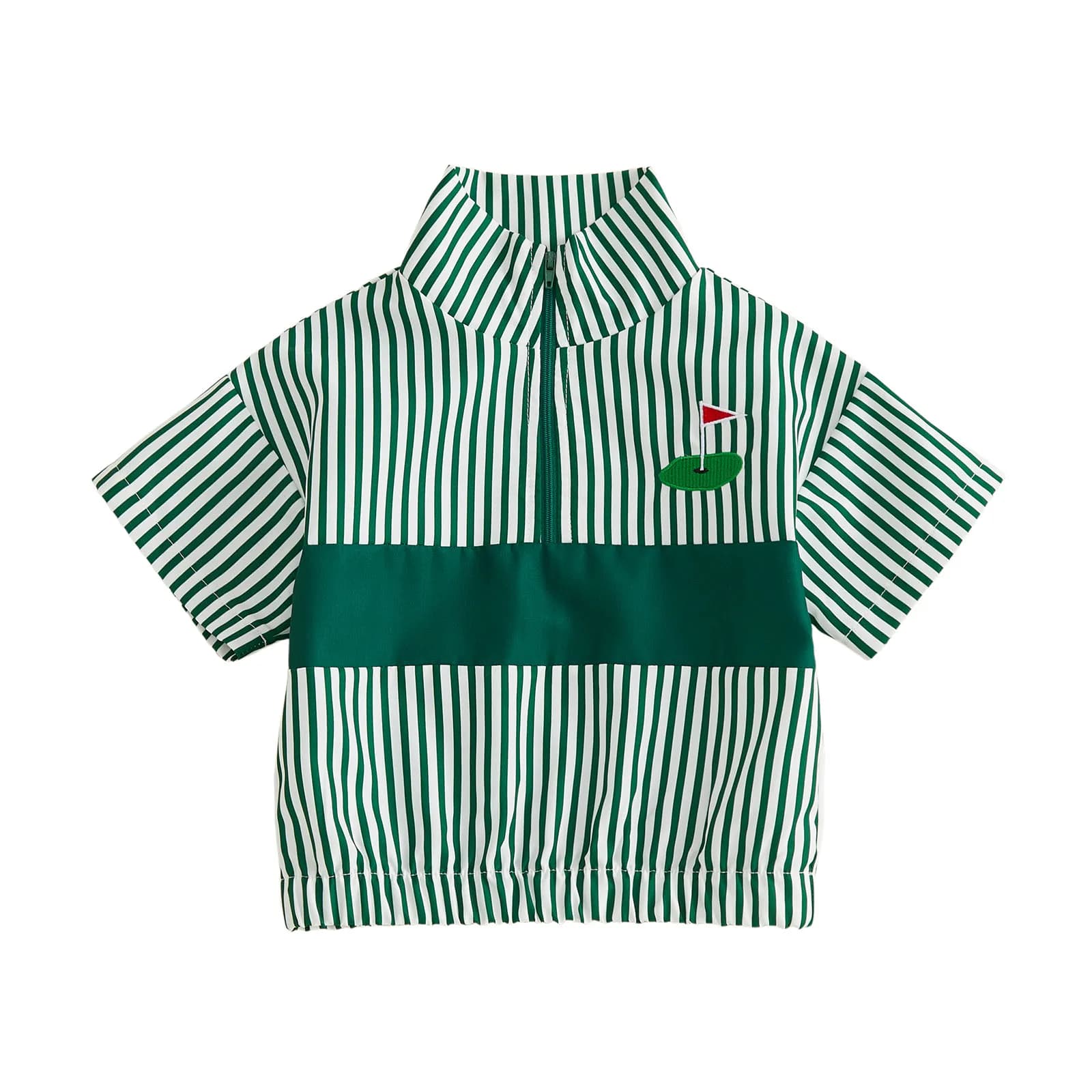 T-Shirt Estiva a Righe per Bambino con Ricamo Golf, Manica Corta, Colletto Alto e Cerniera a Quarto