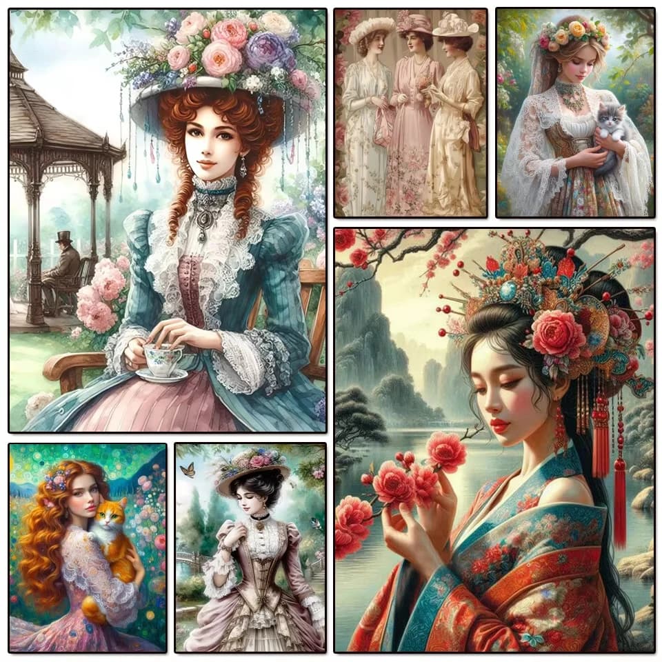 Kit Pittura Diamante 5D Fai da Te, Donna Bella, Mosaico Rotondo/Quadrato Completo, Paesaggio Floreale da Giardino, Kit Punto Croce con Strass
