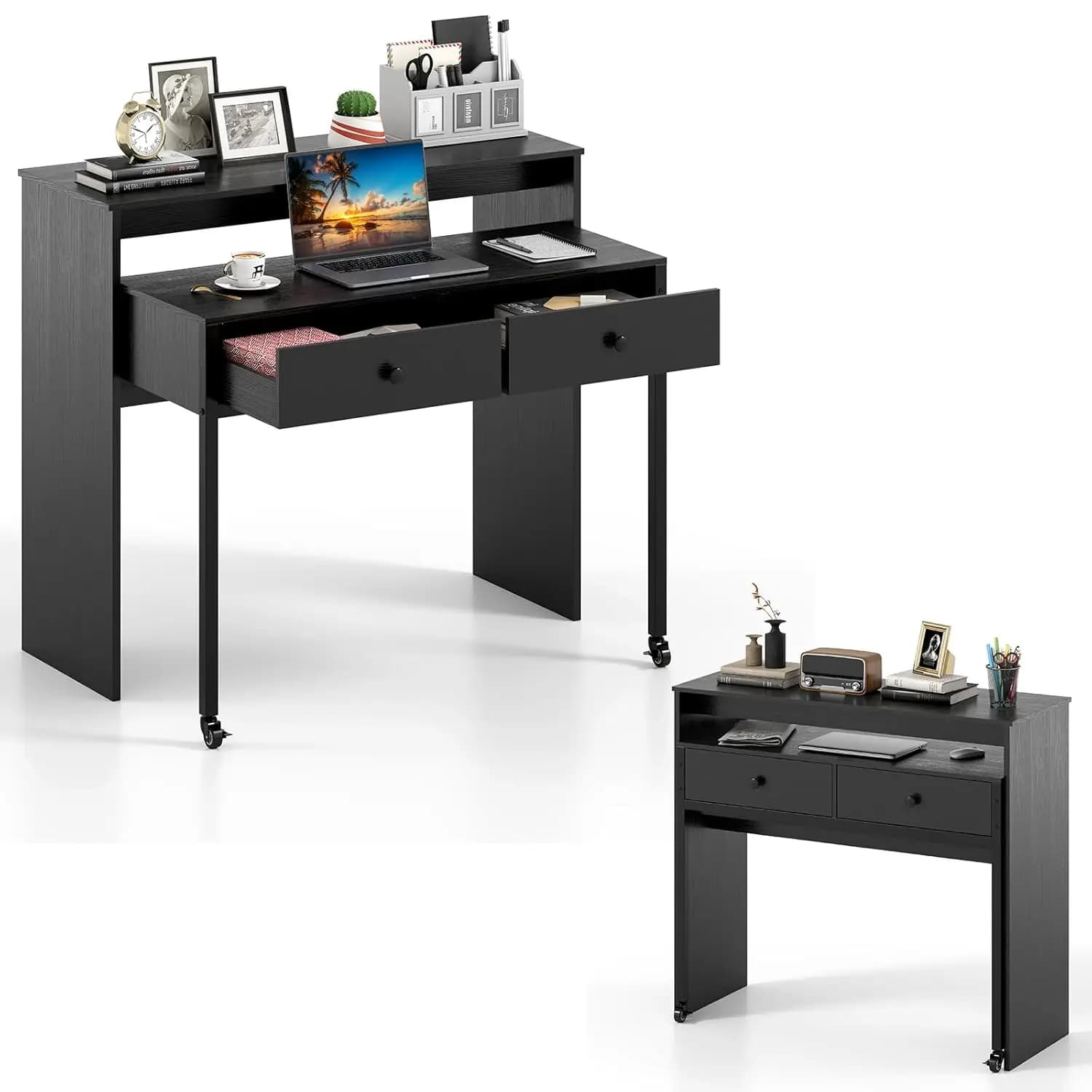 Piccola scrivania per computer con mobiletto superiore e cassetti, scrivania allungabile con tavolo secondario estraibile, supporto per monitor e personalizzabile