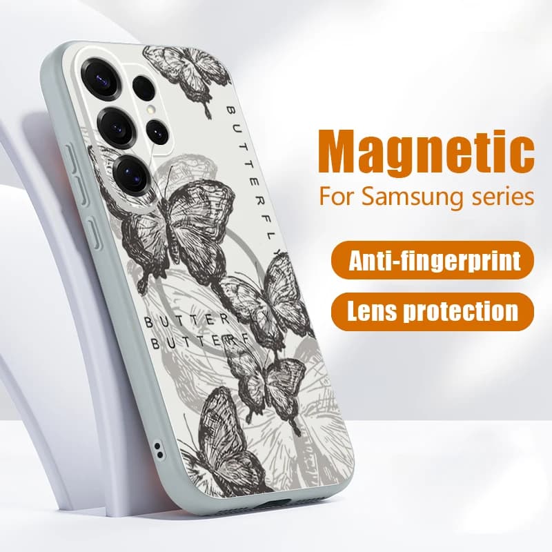 Custodia Magnetica per MagSafe per Samsung Galaxy S26 Ultra S25 Edge S24 Plus S23 FE S22 A54 A55 A56 5G con Stampa Retro Farfalla
