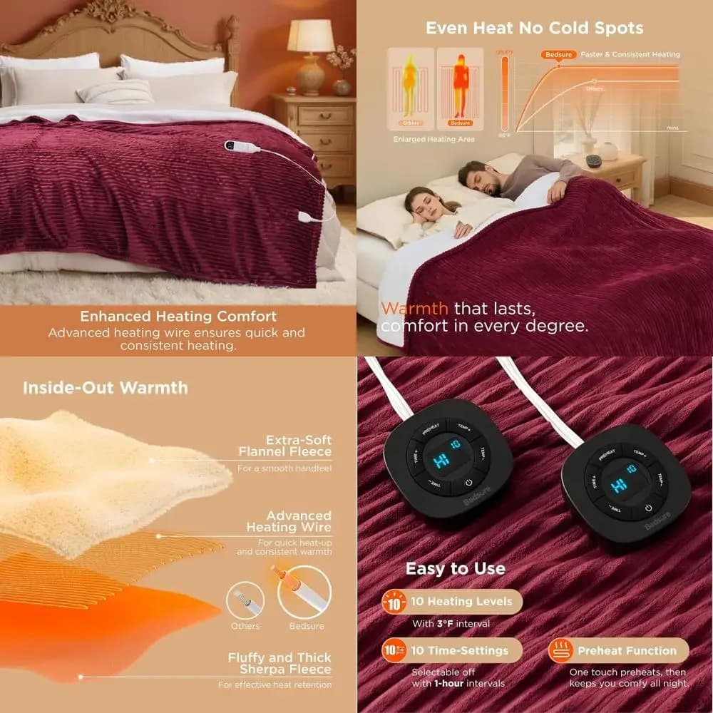 Coperta Elettrica Queen Size - Flanella a Costine con Doppi Controlli, 10 Impostazioni di Calore e Tempo, Spegnimento Automatico 8 Ore (84x90, Bordeaux)