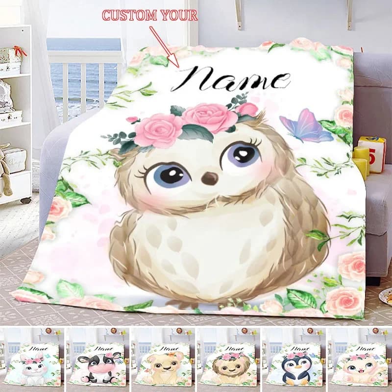 Coperta con nome personalizzato Kawaii Baby Girl Boy Kids coperte personalizzate Cartoon Animal Cute Soft flanella Throw coperta regalo di compleanno