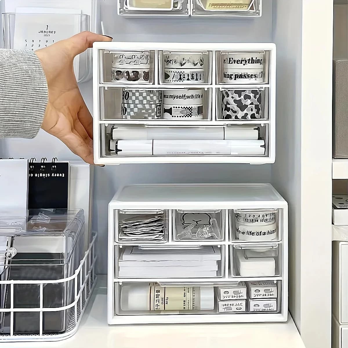 1PC Large-Capacity Plastic Desk Organizer with Drawer Multifunctional Office Stationery Storage for Bedroom