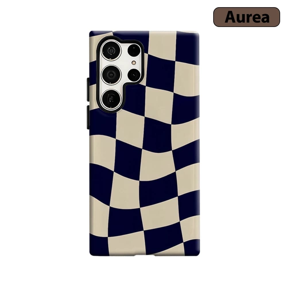 Custodia per telefono a scacchi ondulata blu navy e crema per Samsung Galaxy S25 Ultra S24 S23 Ultra Plus, cover posteriore antiurto a doppio strato
