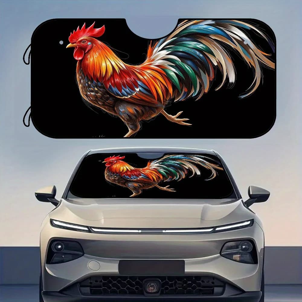 Parasole per auto pieghevole stile uccello colorato con schizzo di gallo da 1 pezzo - Design rosso vibrante, arancione e giallo, adatto per parabrezza anteriore, in