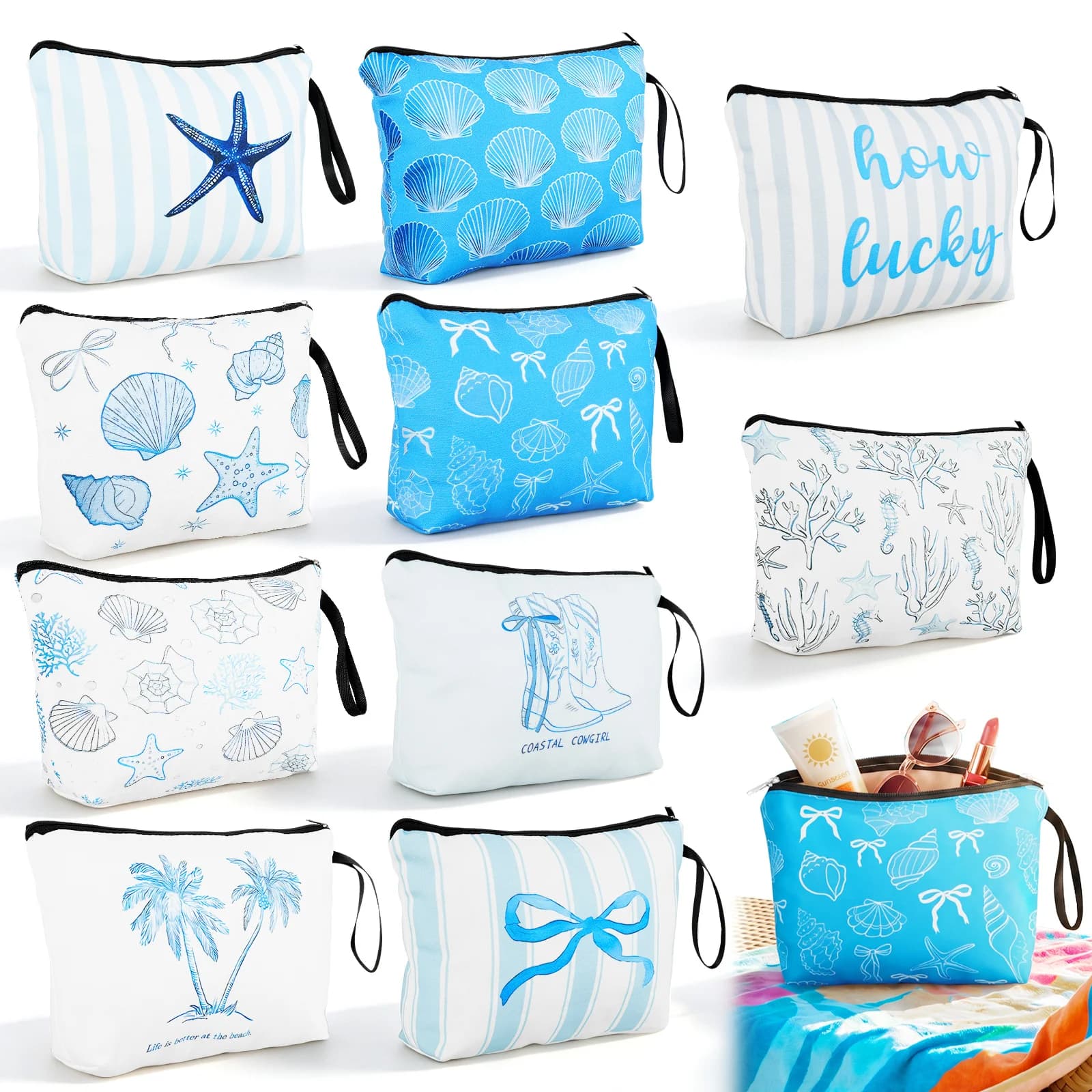 10 Pcs Coastal Stylish Women Cosmetic Bags Multi-functional Versatile Makeup Pouch Travel Vacation Portable Zipper Toiletry Bags