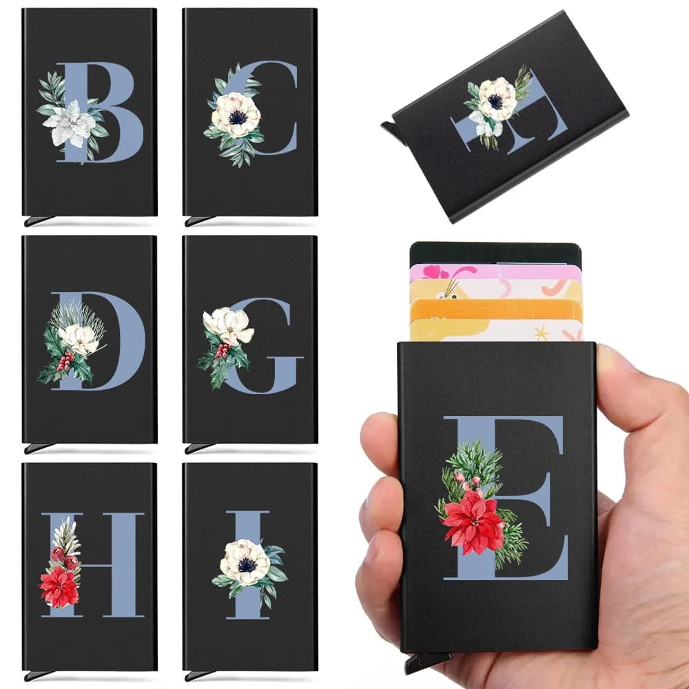 Porta carte anti Rfid in alluminio Lettore di blocco NFC Portafogli con motivo a lettere blu Custodia da tasca Custodia protettiva per carte di credito bancarie