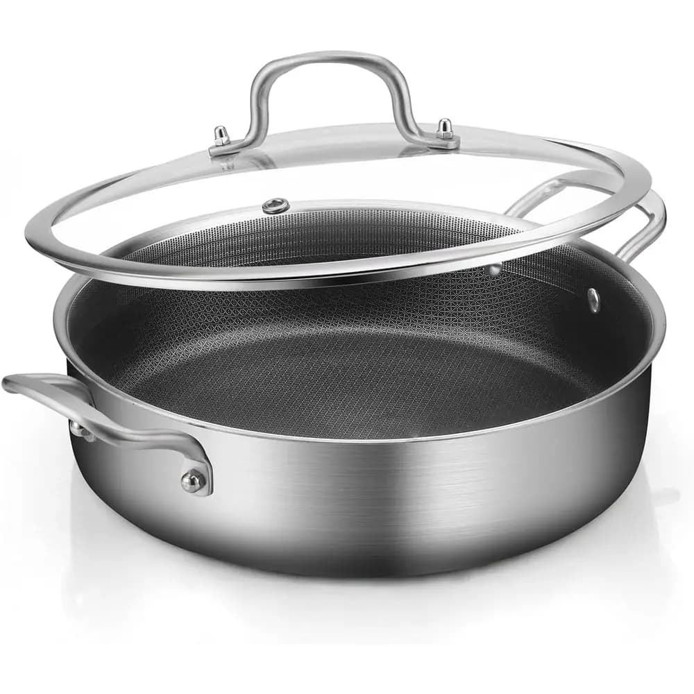Saute Tri-Ply pan in 7 Quarts stainless steel, 12-inch anti-stick pan with lid, Rapid and Uniform heating pot, Big Hybrid Padella