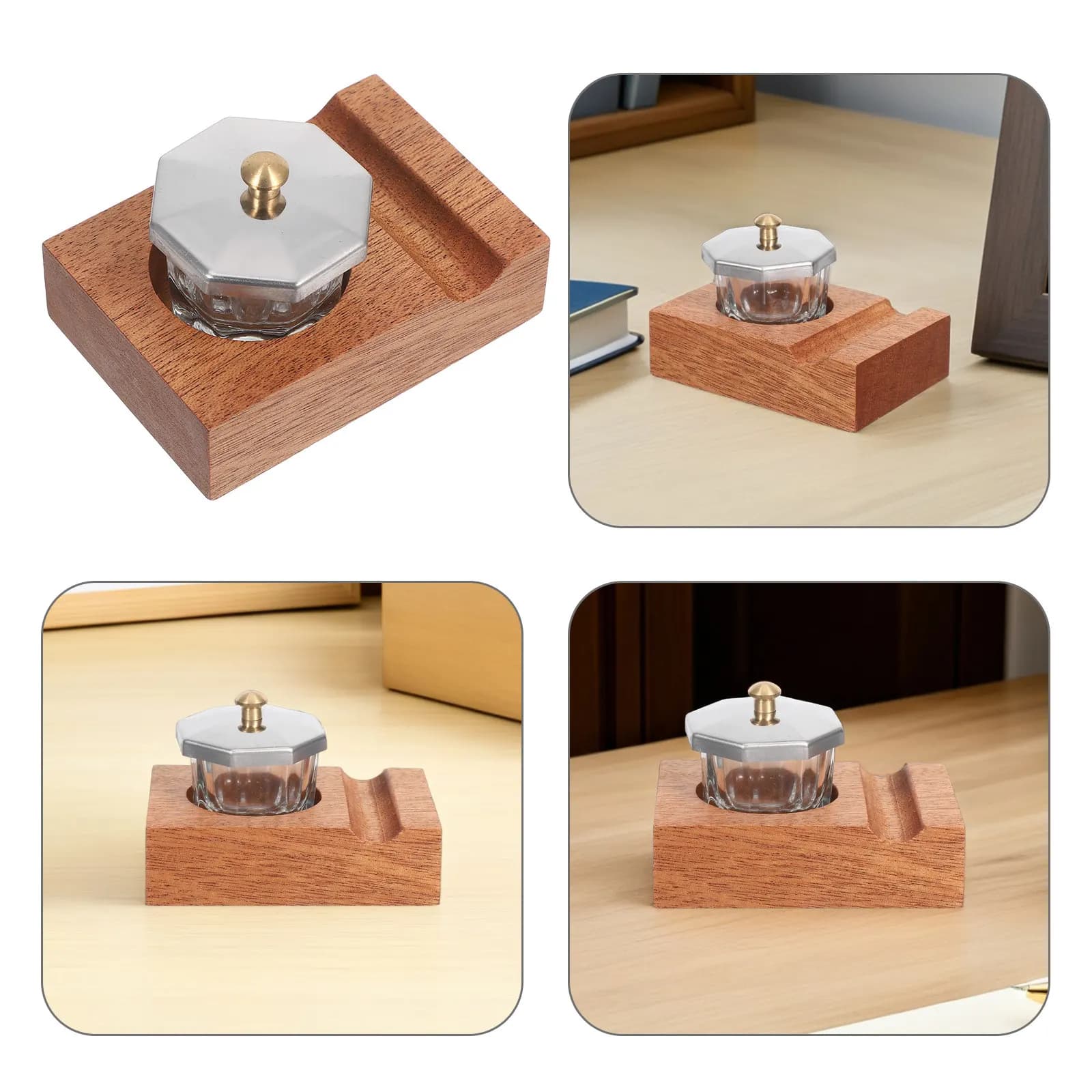 1 Set Desk Pen Stand with Inkwell Wooden Tilting Calligraphy Brush Holder with Glass Ink Bottle Container Oblique Nib Holder