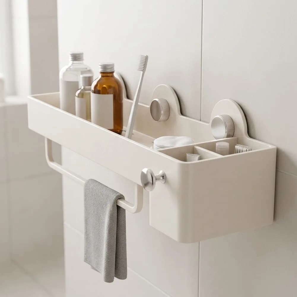 Detachable Suction Cup Bathroom Shelf No Drill Wall Mounted Shower=Caddy With Towel Holder And Hooks White Aluminum