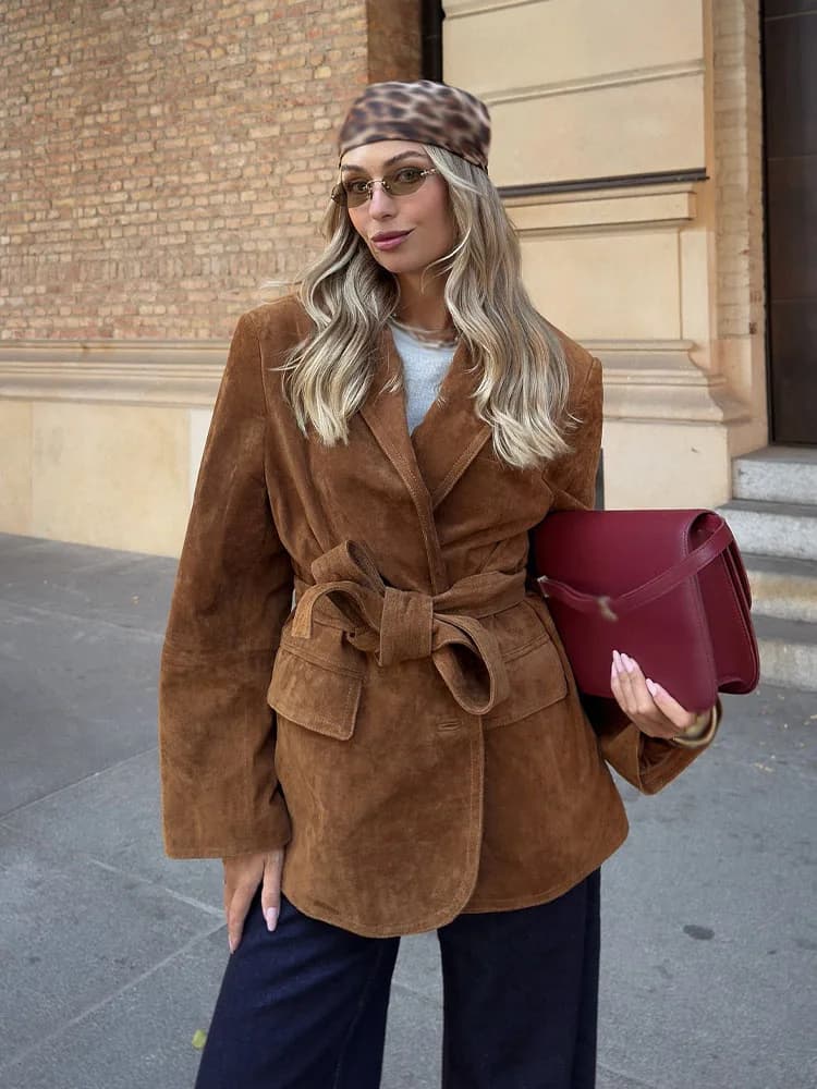 HH Women's Autumn Fashion Jacket Solid Turn-Down Collar Long Sleeves Lace-Up Decoration Pockets Button Female Casual Coats
