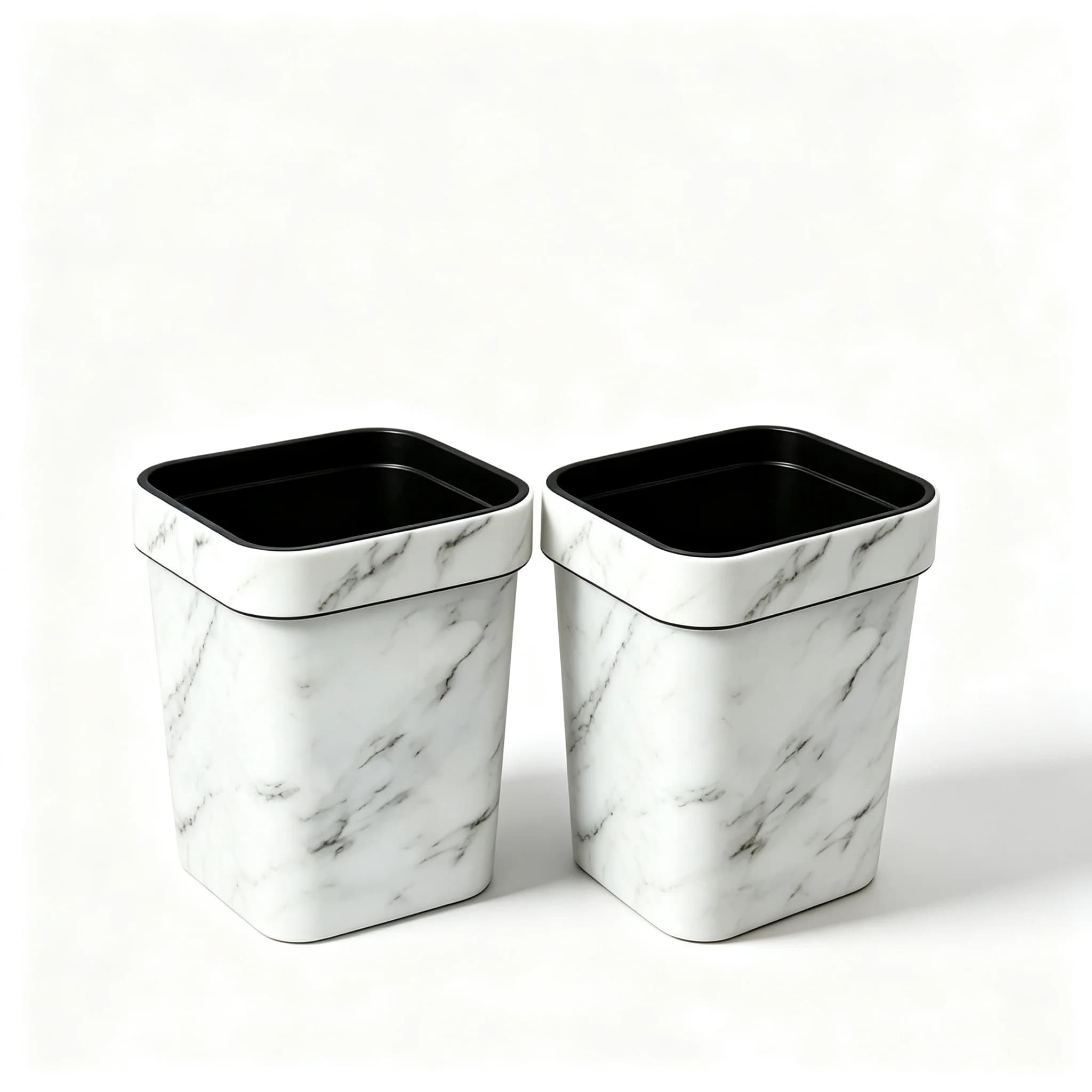 Decorative Marble Waste Basket Set of 2, 12L Square Plastic Garbage Bin, White‑Black Interior Trash Can for Home Office Apartment