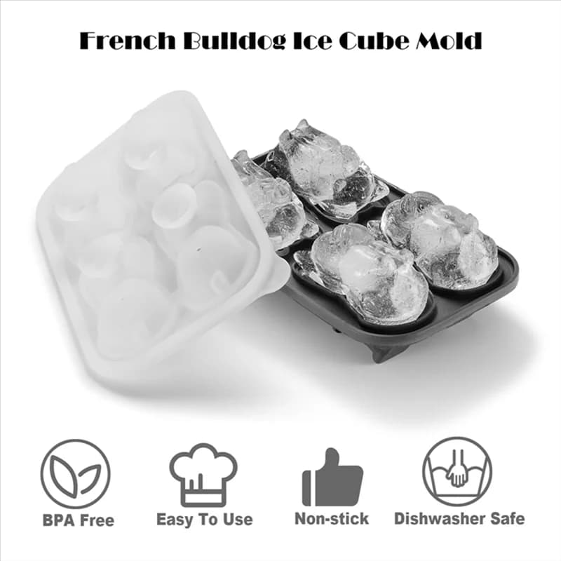 Stampo per cubetti di ghiaccio Bulldog francese FF, vassoio per cubetti di ghiaccio per cani Frenchie Bull a 4 fori per whisky, cocktail, nero nastro durevole