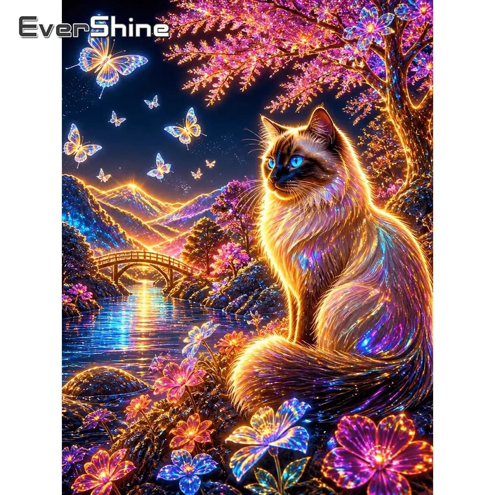 Evershine Diamond Painting Cat Animal Full Square Round Embroidery Tree Rhinestones For Adult Mosaic Butterfly Home Decoration