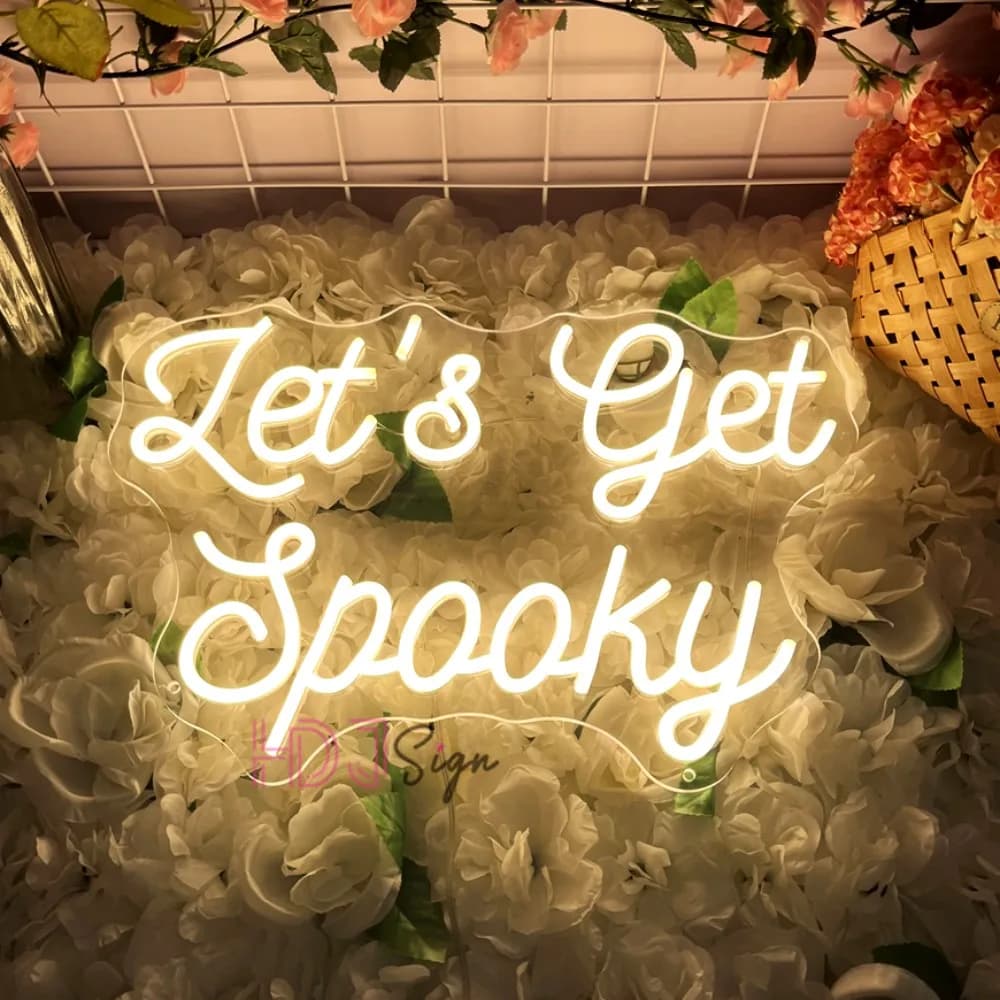 Let's Get Spooky Insegna al neon Luci dimmerabili a LED Happy Halloween per la decorazione della parete Camera da letto Finestra Festa Luce al neon Regali di Halloween
