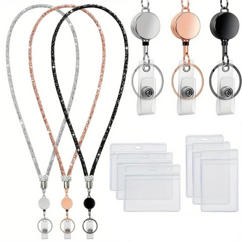 Laccetto Retrattile con Strass per Badge, Porta Tessera Luccicante con Custodia Impermeabile, Portachiavi e Porta Badge