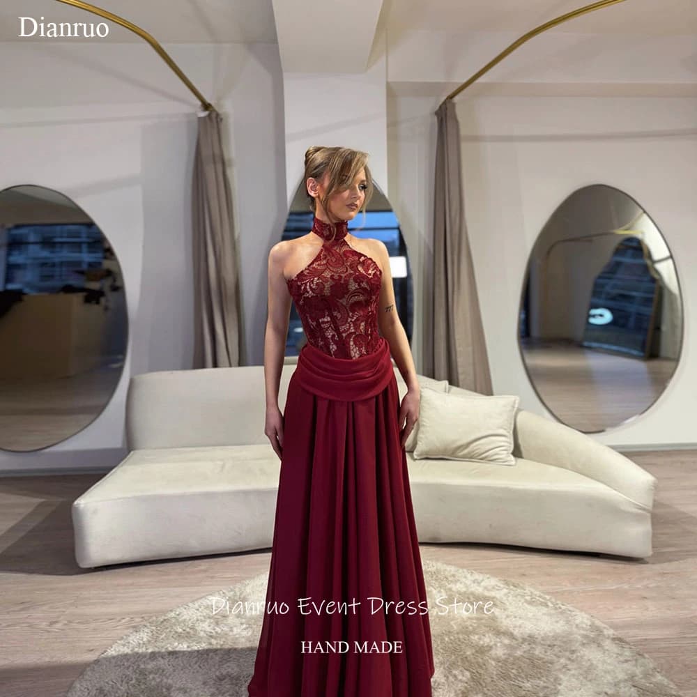Dianruo Bellissimi abiti da sera con scollo all'americana Borgogna A Line Maxi Vestido Formales Appliques Abiti da Verano personalizzati