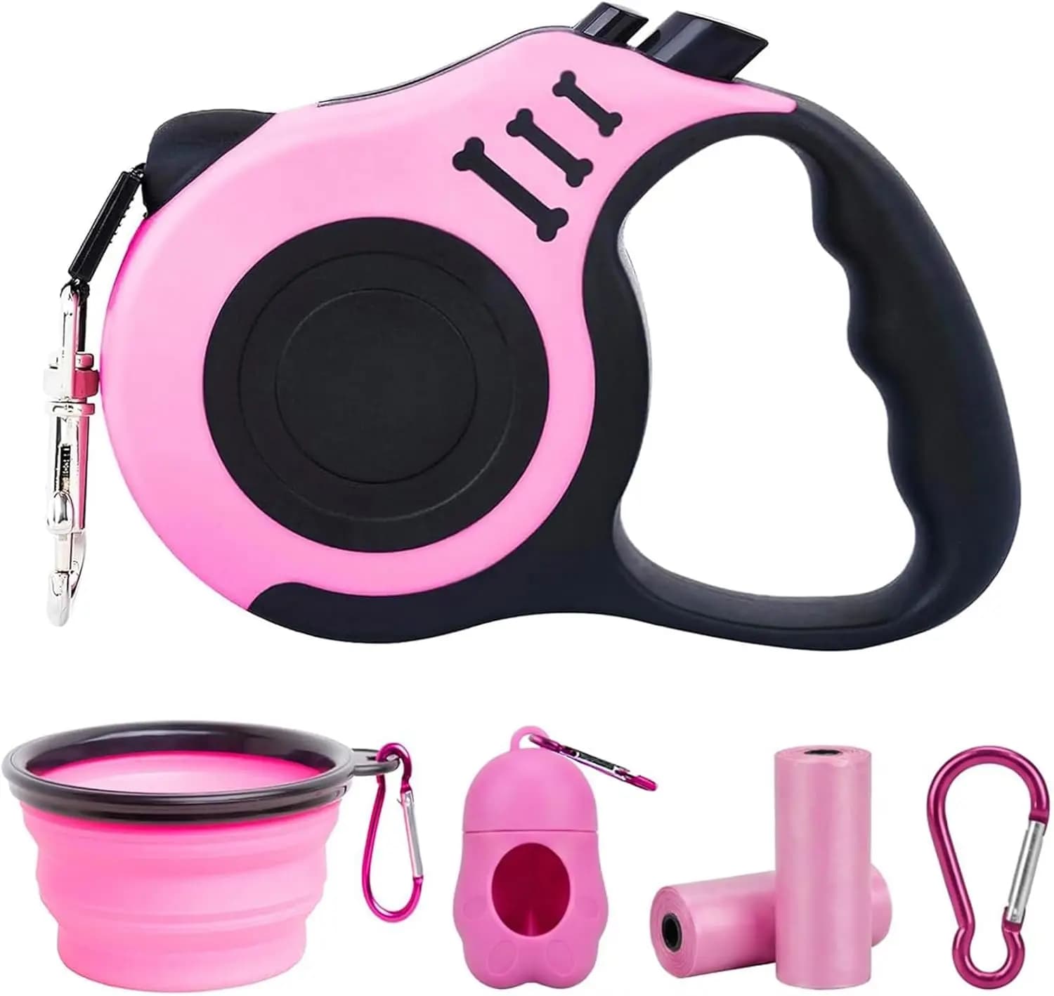 Guinzaglio Retrattile Leggero da 16 Piedi con Ciotola Pieghevole, Dispenser e Sacchetti per Rifiuti per Cani di Piccola e Media Taglia (Rosa)